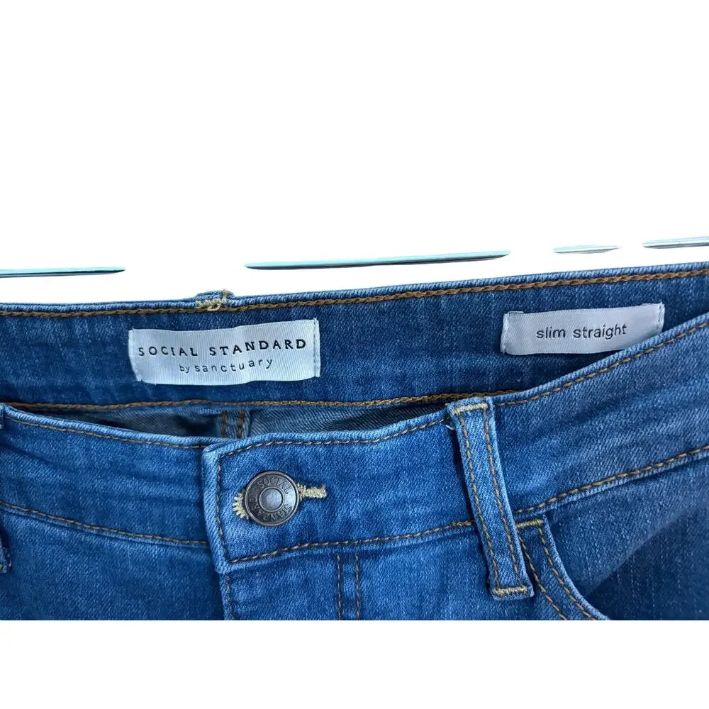 Social Standard by Sanctuary Slim Straight Jeans Women's Blue Stretch Raw Hem 10 - Picture 4 of 7